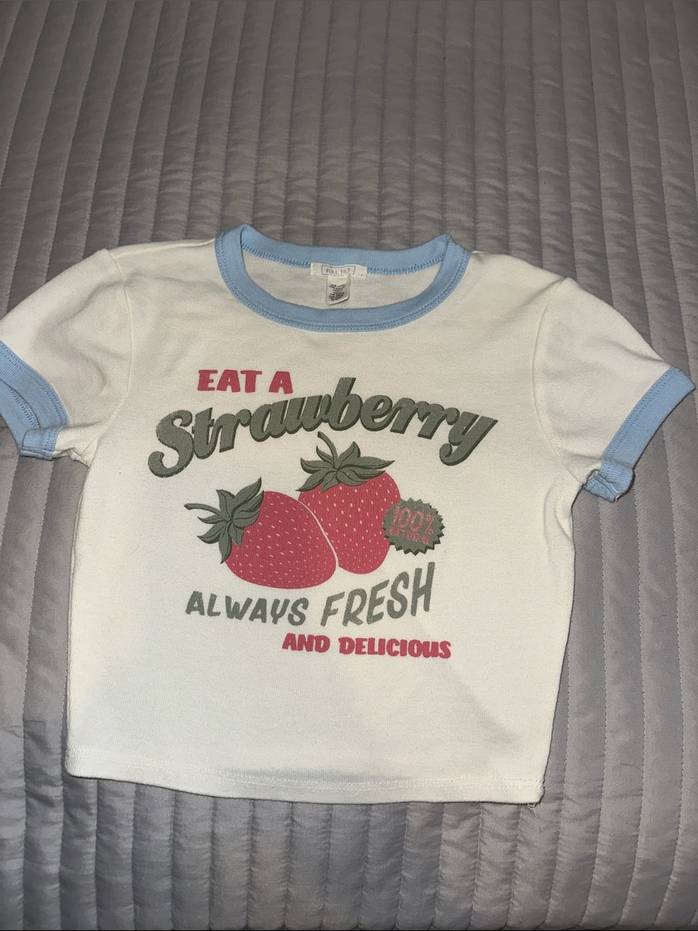 Full Tilt White Tee with Light Blue Trim and Strawberry Graphic